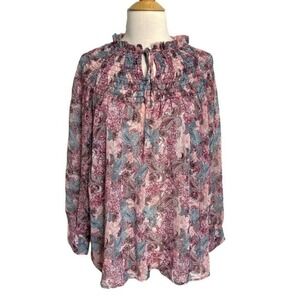 RD+Koko Women XL Paisley Floral Metallic Smocked Ruffle Keyhole Blouse Pink Blue